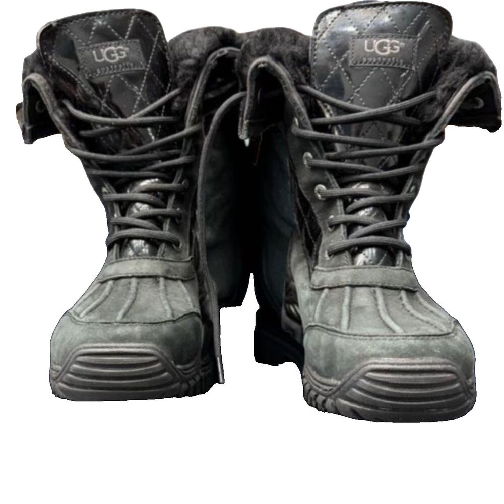 UGG Quilted Lace Up Winter Boots Women's 8 Black Fur Lined Waterproof